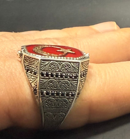 Herrenring 925 Sterling Silber mit Doppelseitiges Design Siegel des Salomons Hz. Süleyman & Ay Yildiz