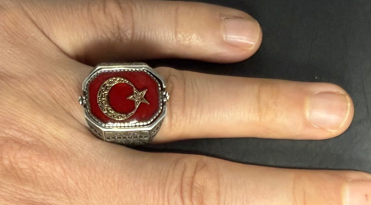 Herrenring 925 Sterling Silber mit Doppelseitiges Design Siegel des Salomons Hz. Süleyman & Ay Yildiz
