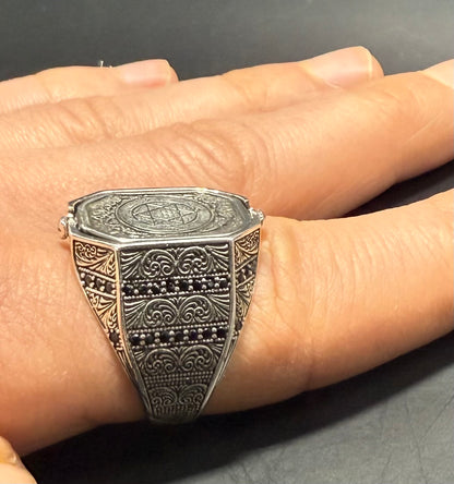 Herrenring 925 Sterling Silber mit Doppelseitiges Design Siegel des Salomons Hz. Süleyman & Ay Yildiz