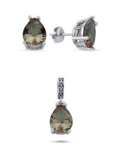 925 Sterling Silber Schmuckset mit synthetischem Sultanit Stein Teardrop