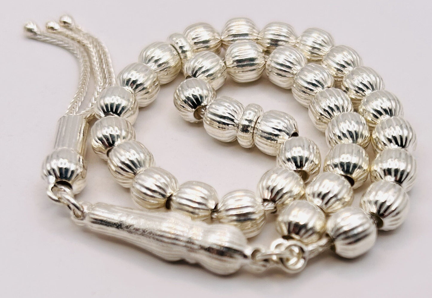 Tesbih aus 925 Sterling Silber gestreift geschliffen Gebetskette