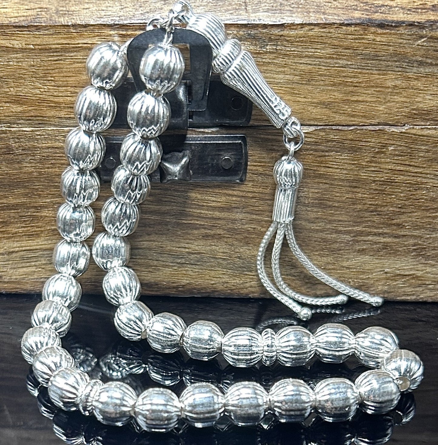 Tesbih aus 925 Sterling Silber gestreift geschliffen Gebetskette 8 mm
