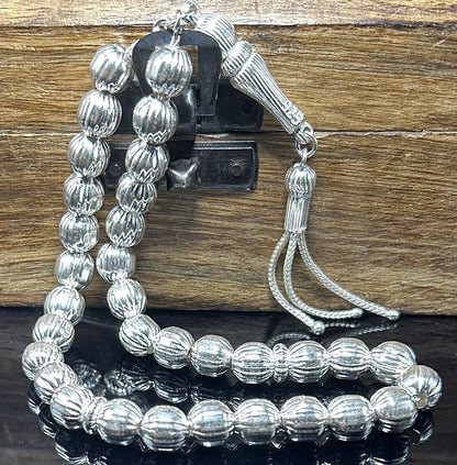 Tesbih aus 925 Sterling Silber gestreift geschliffen Gebetskette 8 mm
