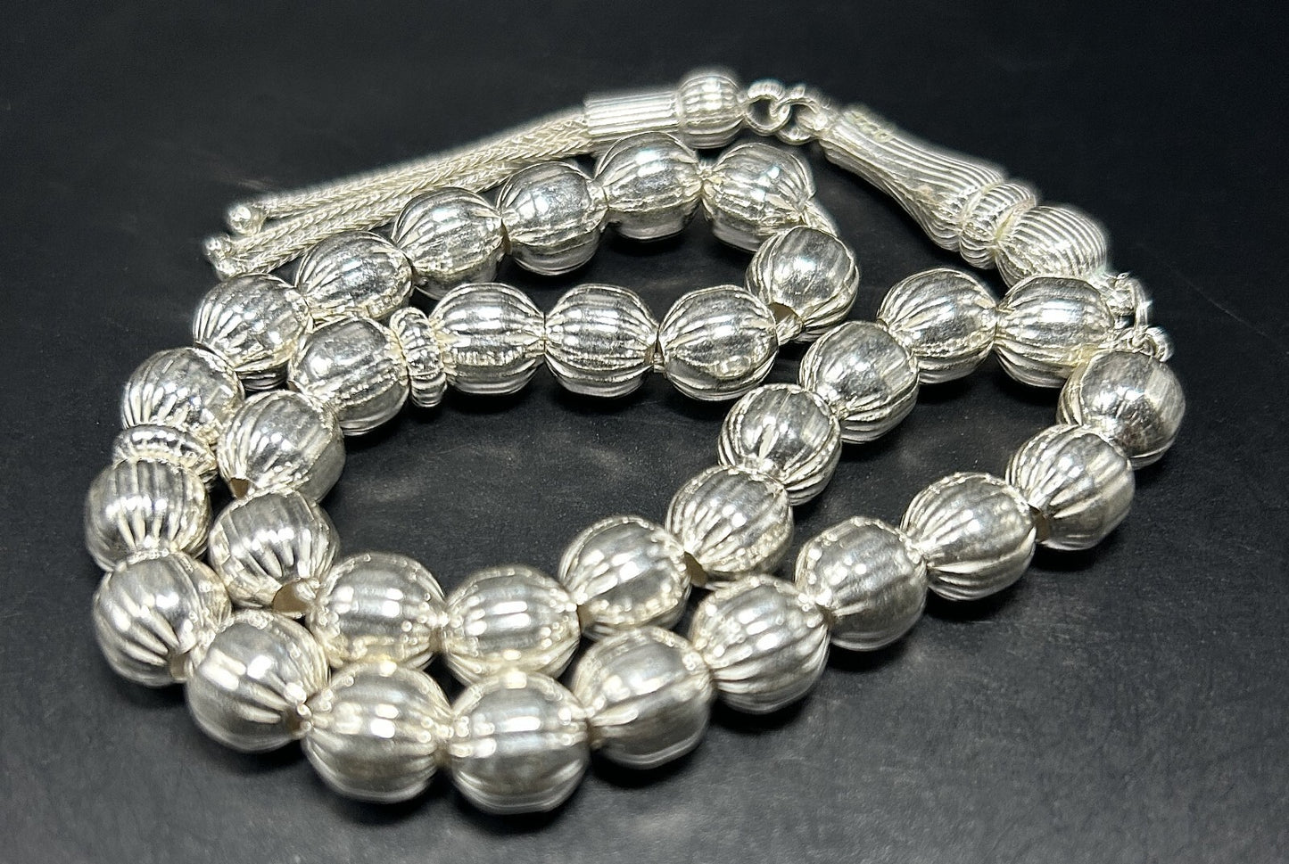 Tesbih aus 925 Sterling Silber gestreift geschliffen Gebetskette 8 mm
