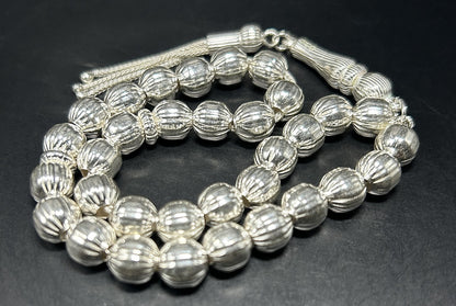 Tesbih aus 925 Sterling Silber gestreift geschliffen Gebetskette 8 mm